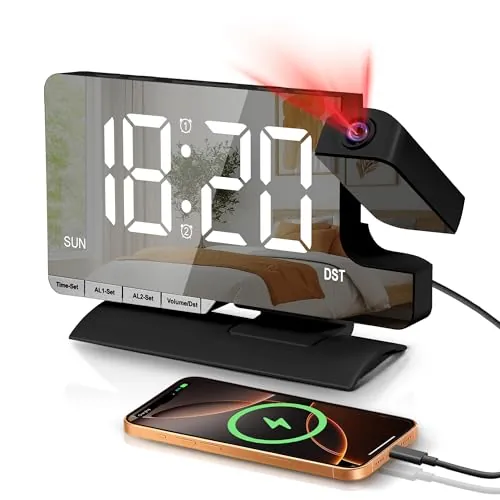 Sukeen Despertador con proyección, Despertador Digital con proyector Giratorio de 180°, Reloj Despertador con proyector de 7,3 Pulgadas con Doble Alarma, repetición, indicador del día de la Semana