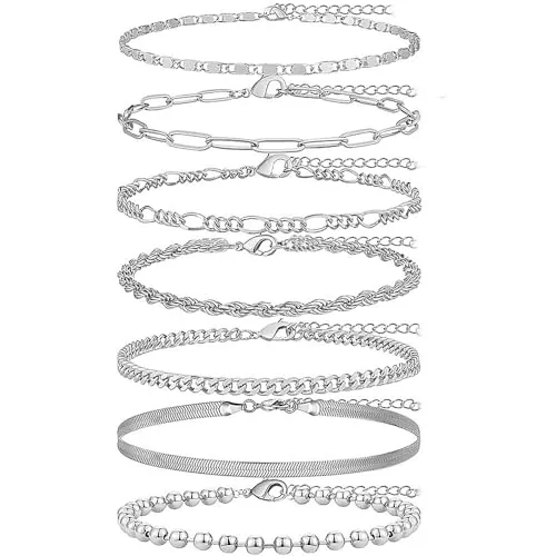 Wnddle 7Pcs Tobilleras para Mujer, tobilleras de plata para mujer, Playa Ajustable Cadena de Tobillo, de estilo bohemio, para cumpleaños, día de la madre,boda,compromiso,aniversario,graduación,fiesta