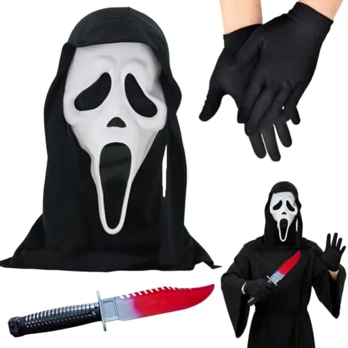 Máscara de asesino de fantasmas, Máscara de Scream de Halloween para adultos, Careta Ghost Face de Látex Realista con plástico Cuchillo Sangriento,para Eventos y Fiestas de Disfraces de Terror-A