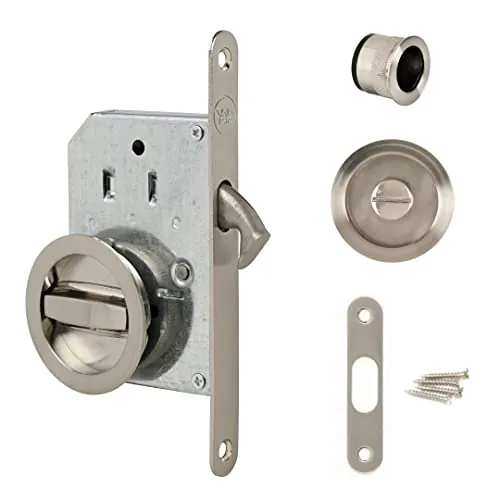 Kit de cerradura Yale para puerta corredera - Cerradura de cierre y manijas de taza redondas empotrables - Ø interior de las manijas 48 mm - Acero con acabado niquelado cepillado, Incluye tirador