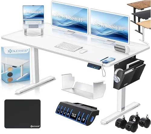 KESSER® Escritorio eléctrico Regulable en Altura, Escritorio Ergonómico de Bipedestación, Control de Memoria de 3 Funciones, Incl. Ruedas de 360° y Puerto de Carga USB, 140x70 cm - Blanco
