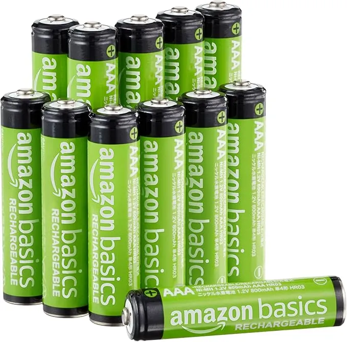 Amazon Basics paquete de 12 pilas AAA NiMH recargables, 800 mAh, 1,2 V, se recargan hasta 1000 veces, precargadas