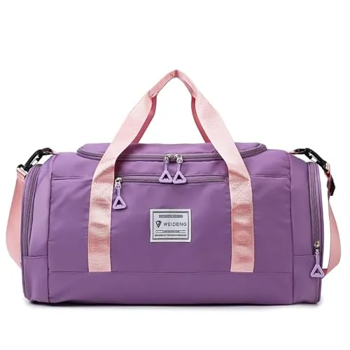 Vllcsla Bolsa de Deporte Mujer 28 L, Bolso Gimnasio con Bolsillo Húmedo, Compartimento Zapatos, Impermeable Bolsa de Viaje Resistente al Desgaste, Bolsos de Hombro Fin de Semana (Morado)