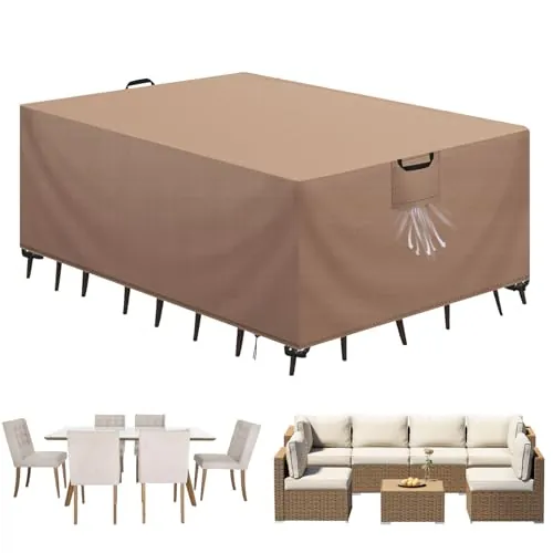 Aujink Funda Mesa Exterior Impermeable, Funda para Muebles de Jardín, Cubierta para Muebles de Jardin Tela Oxford 420D Anti Viento Anti UV Funda Protectora Mesa Exterior, Caqui,270x180x90cm