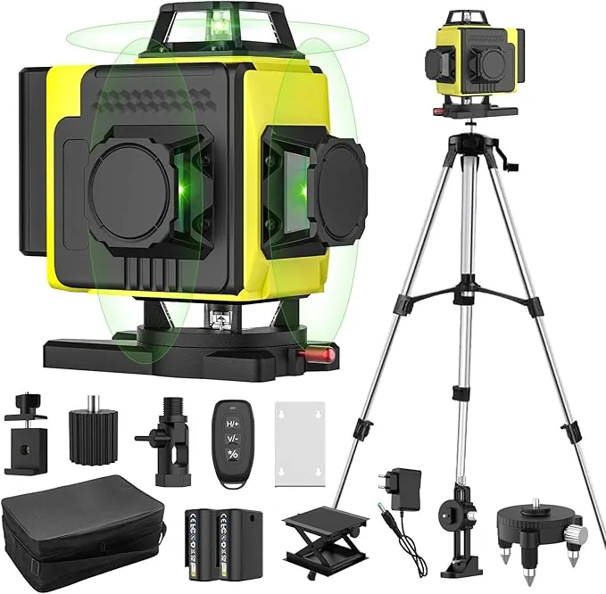 Nivel láser autonivelante 360° X 4, láser de construcción 4D con 16 líneas láser, modo de pulso para exteriores, 2 baterías, autonivelación, soporte rotativo, control remoto.（Con Tripode）