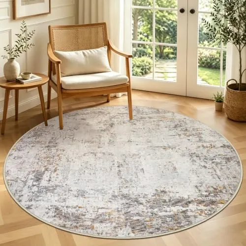 Capslpad Alfombra Abstracta Redonda, 135 cm, Moderna, Antideslizante, Pelo Largo, Lavable, Suave, Beige para Salón, Dormitorio, Estudio