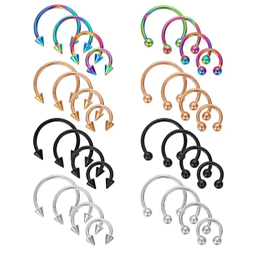 Yolev 32 Piezas Anillos de Herradura Acero Quirúrgico 16G Varios Tamaños Nasal Septum Aro Aretes Cejas Labio Piercing para Mujeres y Hombres
