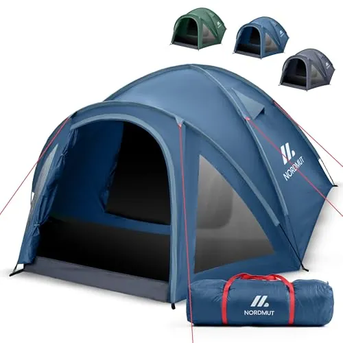 NORDMUT® Tienda de Camping 4 Personas Impermeable & Ligera – Tienda Cúpula con Vestíbulo Cerrable – Tienda 2-4 Personas con Excelente Circulación de Aire & Tamaño Compacto (Azul)