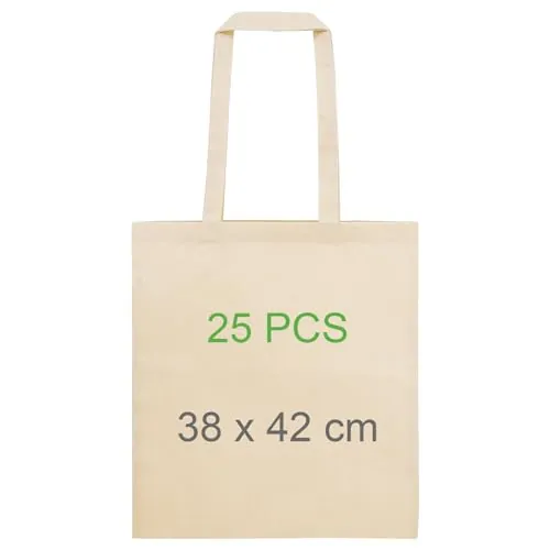 Adri 25 Bolsas de algodon con asas - Bolsa de Tela Para Pintar - 38x42cm 144g/m2 - Tote bag de la compra Asas Largas - para Transportar - Grande reutilizable. (25 Piezas)