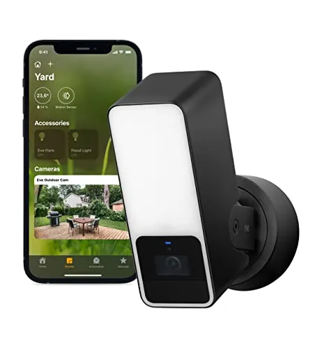 Eve Outdoor Cam – cámara segura con foco, máxima seguridad y privacidad (HomeKit Secure Video), 1080p, visión nocturna, Wi-Fi (2,4 GHz), sensor de movimiento, comunicación bidireccional