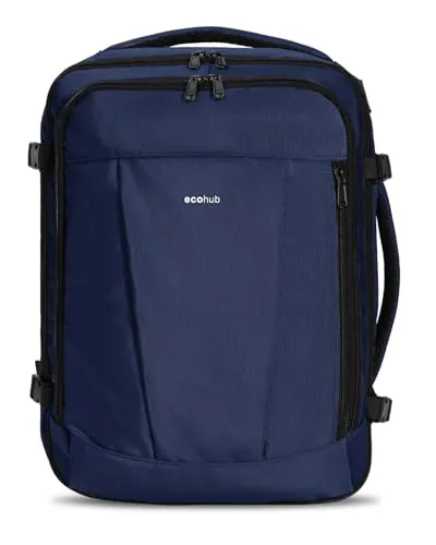 ECOHUB Mochila de Viaje Cabina Avion 40x30x20 Ryanair con 13 Compartimentos para Mujer y Hombre, Maleta Debajo del Asiento, Equipaje de Mano 24L, Recicladas, Patentado, Azul
