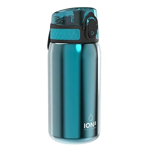ion8 Botella Agua Inox Ligero para Niños, 400ml, Sin Aislamiento, a Prueba de Fugas, Fácil de Abrir, Cerradura Segura, Aptas para Lavavajillas, Fácil de Limpiar, Resistente a Rayones, Aqua