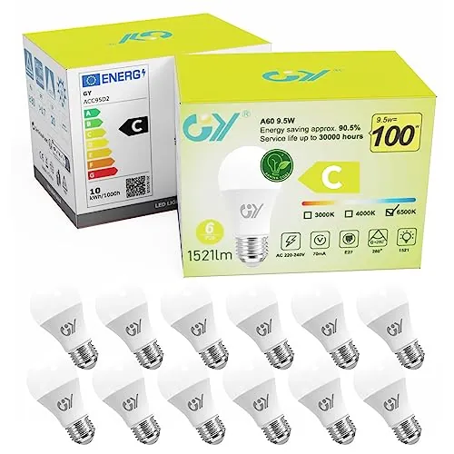 GY 9.5W Bombillas Led E27 Blanco Frio 6500K, 1521 Lúmenes, No Regulable - Clase C Bombilla Bajo Consumo, A60 Bombilla E27 Casquillo Pack de 12