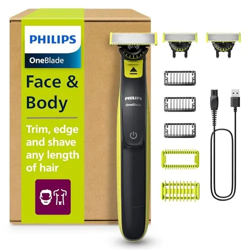 Philips OneBlade 360 Auténtico Barbero, afeitadora y recortadora eléctrica facial y corporal, 3x 360 cuchillas, 3x peine para barba incipiente (1,3,5mm), 1x kit corporal, QP2824/31