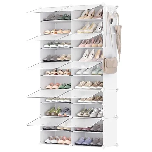 SONGMICS Mueble Zapatero Plástico, 10 Compartimentos para 40 Pares de Zapatos, con Puertas, Estructura de Acero y Estantes de Plástico, Armario para Dormitorio, Blanco Nube y Transparente LPC035W01