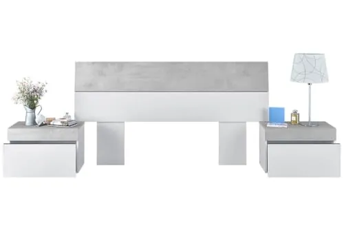 Habitdesign – Cabecero de Cama Matrimonio con 2 Mesitas, Cabezal de Matrimonio y Mesillas, Color Blanco Artik y Gris Cemento, 298x40x96,5 cm - Modelo Tekkan