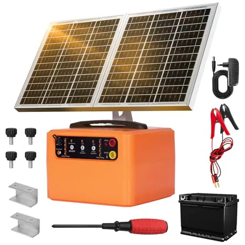 48km Solar Pastor Electrico,6–12 KV, 0,3–1,5 J Cerca Eléctrica Controlador | Con batería de 12V 7Ah y Panel Solar de 15W, Para Vacas, Ganado, Cría de Aves de Corral, Pastor
