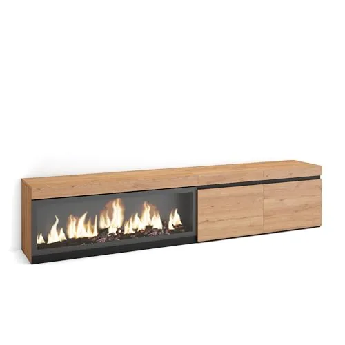 Skraut Home | Mueble TV | Televisión | Muebles de salón, almacenaje | 210 | para TV hasta 80" | Chimenea eléctrica XXL | Estilo Moderno | Roble