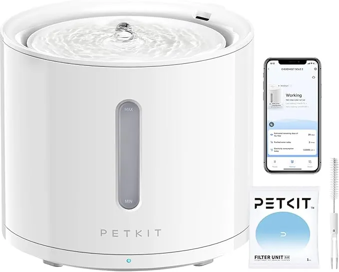 PETKIT EVERSWEET Fuente para Gatos 2L, Bomba Inalámbrica, Control de App, Bebedero Gatos Automatico, Ultrasilencioso, 3 Flujos de Agua, Filtro Triple, Ventana de Nivel de Agua, Luz Led