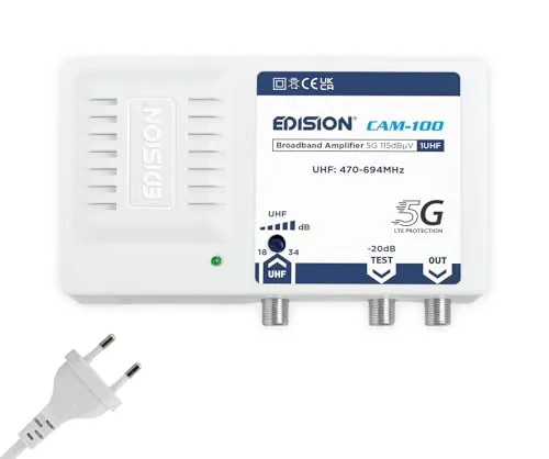 EDISION CAM-100 Amplificador Antena TV, Central Banda Ancha, 1UHF, 18-34db Ajustable, 115dBmV, para Digitale Terrestre DVB-T/T2, con Filtro 5G LTE, UHF 470-694Mhz
