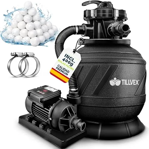 tillvex Depuradora de Agua para Piscina con temporizador 7.900L/h + 400g Bolas de Filtro | 7 Funciones de Filtrado & Adaptador Ø32-38mm | Filtro de piscina con indicador de presión (AquaBlack Pro)