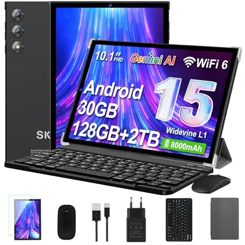 SKYEGG Tablet 10 Pulgadas Android 15 con Gemini AI, 30GB RAM + 128GB ROM Ampliable 2TB, Octa-Core, WiFi 6, Widevine L1, Batería 8000mAh, Cámara 8/5 MP, Teclado, Ratón y Funda, Cuerpo Metálico - Negro