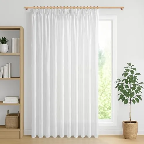 MRTREES Cortinas Lino de Salon Modernas Blancas 1 Pieza 300x240 CM Ultra Ancho Cortina Dormitorio Translucidas con Ganchos Cortinas y Visillos para Ventana Habitacion Matrimonio Comedor