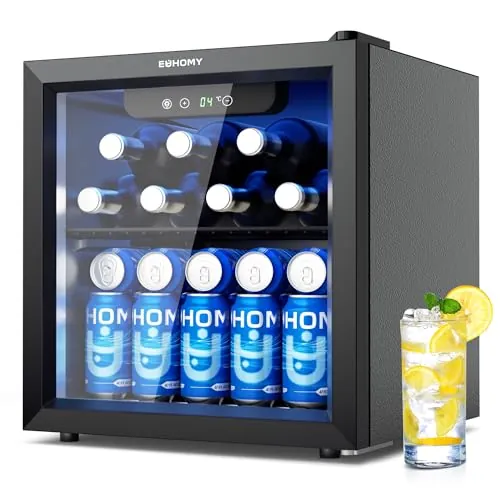 EUHOMY Frigorífico para Bebidas, Mini Frigorifico con Puerta de Cristal, Nevera Pequeña, Refrigerador de Sobremesa para 55 Latas, Mini Fridge para Oficina, 36 Litros, Mini Nevera de Bajo Ruido, Negro