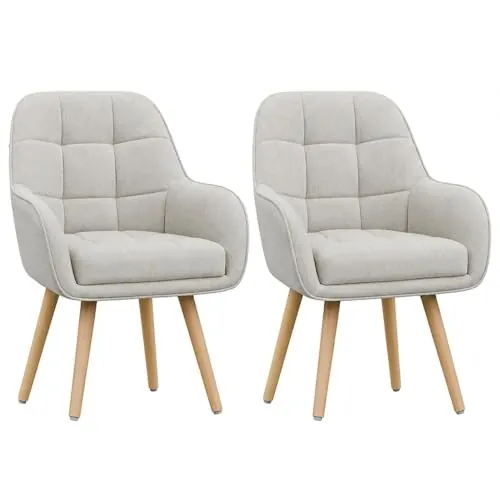ELUCHANG Silla de Comedor Pack 2, 10cm Grosor Sillones con Reposabrazos Altos, Base Metálica & Patas Madera, Carga Máx.150KG, Beige Tela Natural Sillas para Cocina, Dormitorio, Salón