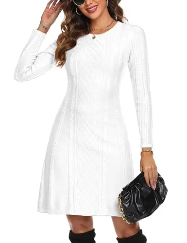 Aottori Vestido Jersey Mujer Manga Larga Invierno Cuello Redondo Blanco XXL | Estilo Casual Diario, Línea, Suéter, Estilo Elegante, para Viaje Reuniones Eventos