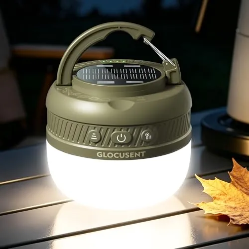 Glocusent Lámpara de Camping, 60 LED, 120H, recargable USB-C, portátil | 5000 mAh, 120 Horas, función memoria, impermeable, función power bank, modo SOS, para camping, senderismo y emergencias