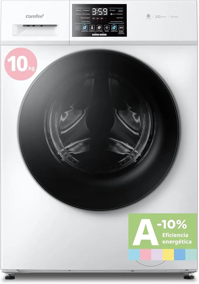 COMFEE' CFP03ED100W-HL Lavadora y Secadora 2 en 1 de Pie, Capacidad 10 kg/7 kg, 60 cm, Cuidado con Vapor, Motor BLDC, Secado Automático, Aprobación Woolmark, Panel Táctil, Color Blanco