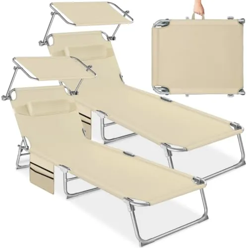 tectake®️ Set 2 Tumbonas 190x68x111 cm, Plegables, Ajustables 4 Posiciones, Resistentes Intemperie, Transpirables, con Toldo, Reposacabezas, Bolsillo Lateral y Asa Transporte; Tumbonas Jardín - Beige