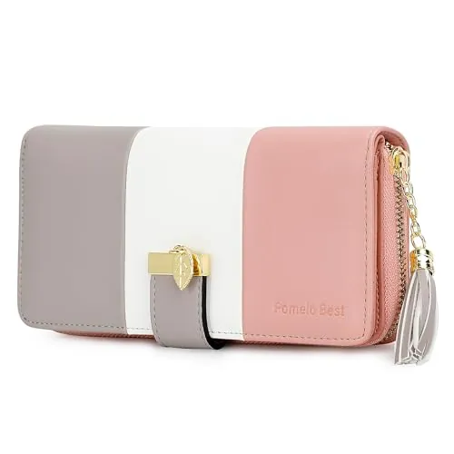 Pomelo Best - Monedero para Mujer de Gran Capacidad con RFID Bloqueo Largo Bolsas para Mujer con Cremallera de Bolsillo, Rosa Gris, M, Moderno