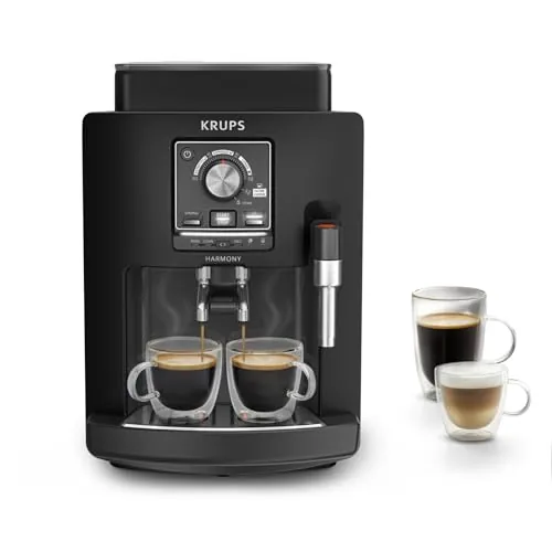 Krups Harmony, Cafetera Superautomática, 4 Bebidas de café y leche, Espumador De Leche, Limpieza automática, Funcioón de doble taza, Compacta, Color negro, EA5088E0