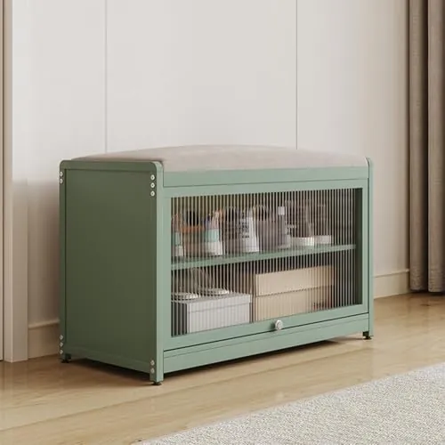 BAKAJI Zapatero con Asiento y 2 Compartimentos Interiores, Ahorra Espacio, Mueble con Puerta Transparente y Base Antideslizante para Entrada, Dormitorio, Entrada, 70 x 32 x 45 cm (Verde)