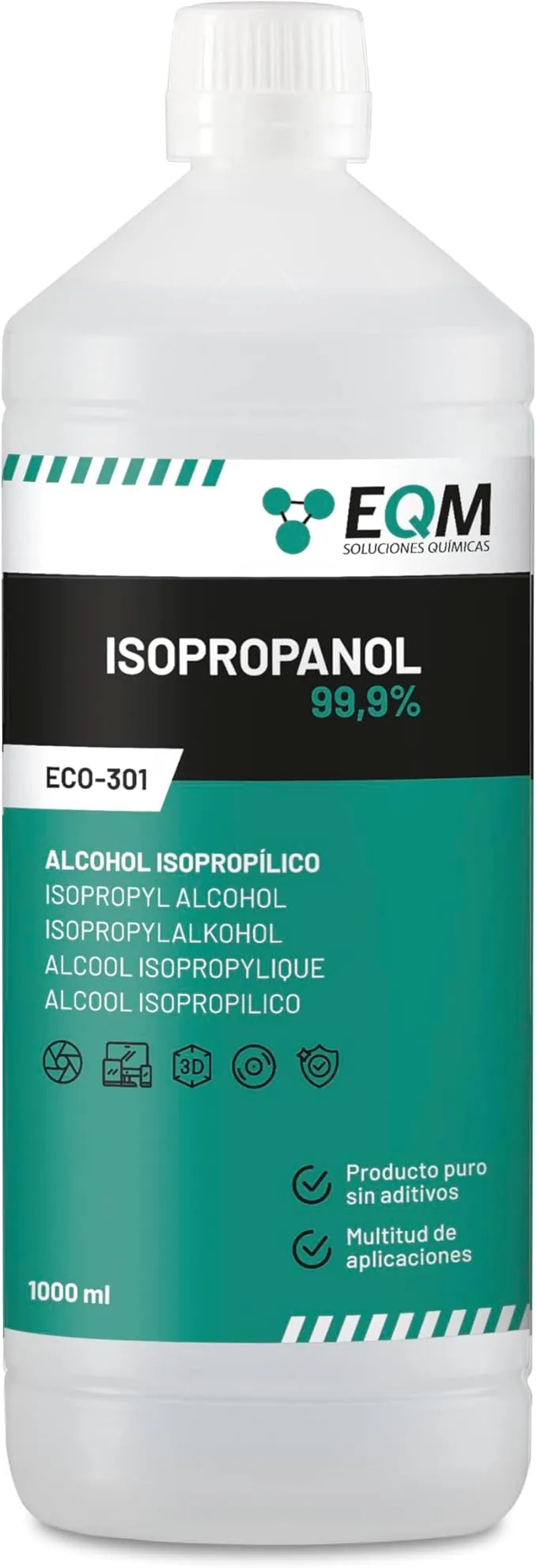 EQM - ECO-301 - Alcohol Isopropílico 99,9% - 1L - Isopropanol - Limpieza componentes electrónicos, objetivos y pantallas - Limpieza de resinas en impresión 3D - Limpiacristales y desengrasante