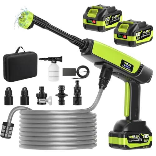 VOERJIA Hidrolimpiadora de Alta Presión a Batería 1000 PSI, Pistola de Agua Inalámbrica con 2 Baterías 4.0Ah (LED), Boquilla 6 en 1 para Lavado de Coche, Fachadas y Riego de Jardín