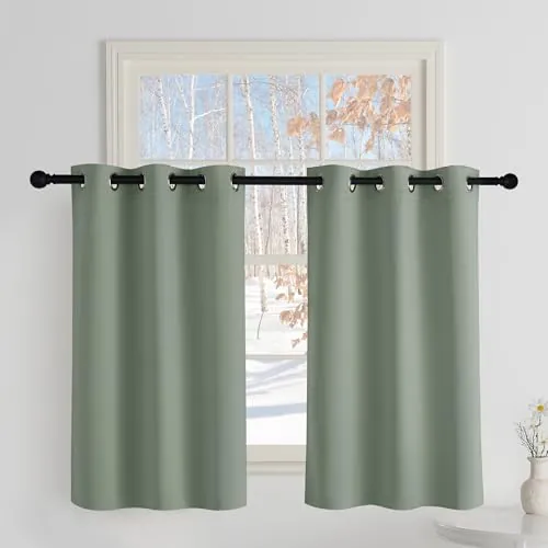PONY DANCE Cortinas Dormitorio Cortas, Opacas y Termicas Aislantes Frio | 106x90cm(AnxAl),Verde Salvia,Juego de 2, Curtains Blackout para Comedor,Bloquea UV,Puerta Divisora para Gabinete,con Ojales
