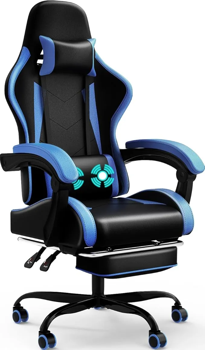 Devoko Silla Gaming con Masajeador, Silla Oficina con Reposapiés, Silla Juego de Carreras con una Carga de 150kg, Respaldo Ajustable Alto Silla Ergonomica de Juegos Reclinable 90-135°(Azul)
