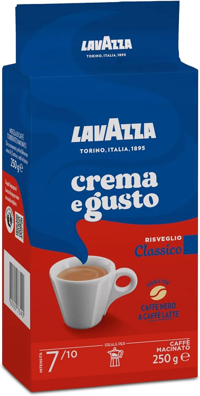 Lavazza, Crema e Gusto Classico, Café Molido Natural, Ideal para Cafetera Italiana, de Filtro y Francesa, con Notas Aromáticas de Especias, Arábica y Robusta, Intensidad 7, Tueste Oscuro, 250 g