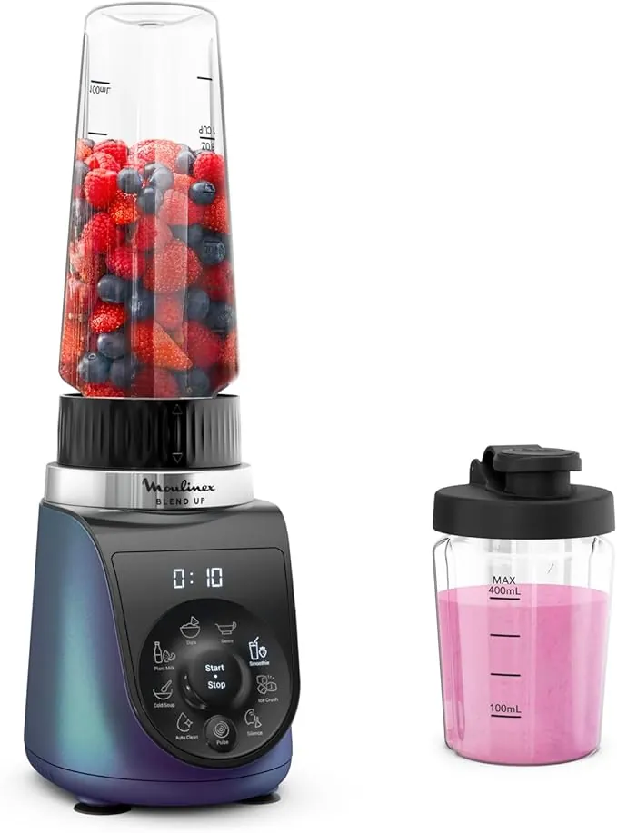 Moulinex Blend Up, Batidora personal potente 1000 W, 8 programas automáticos, pica hielo, ideal para batidos, smoothies y bebidas saludables, diseño compacto, jarra resistente, azul, LM19H4F0