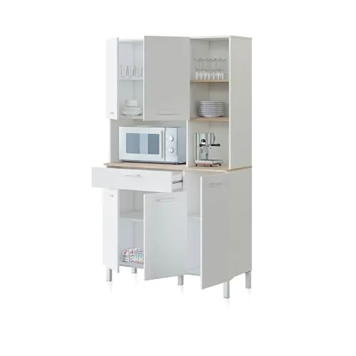 duehome | Alacena de Cocina, Mueble Auxiliar 5 Puertas + 1 Cajon y Estante Interior, Modelo Colin, Acabado en Blanco Artik y Roble Canadian, Medidas: 108 cm (Ancho) x 186 cm (Alto) x 40 cm (Fondo)