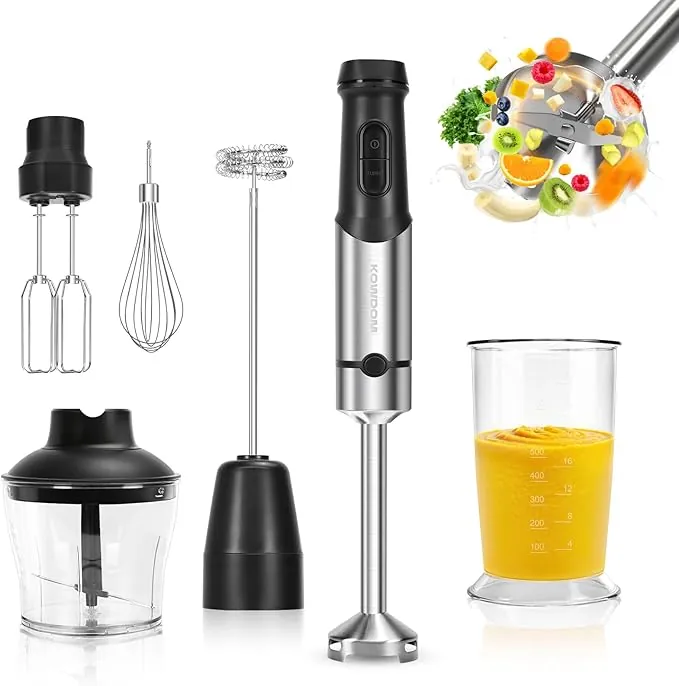 Batidora de Mano 1200W - 12 Velocidades + Turbo | Para Sopas, Purés Salsas y Batidos | Incluye Vaso Medidor 800ml, Picadora 600ml y Espumador de Leche | Acero Inoxidable | Fácil de Limpiar