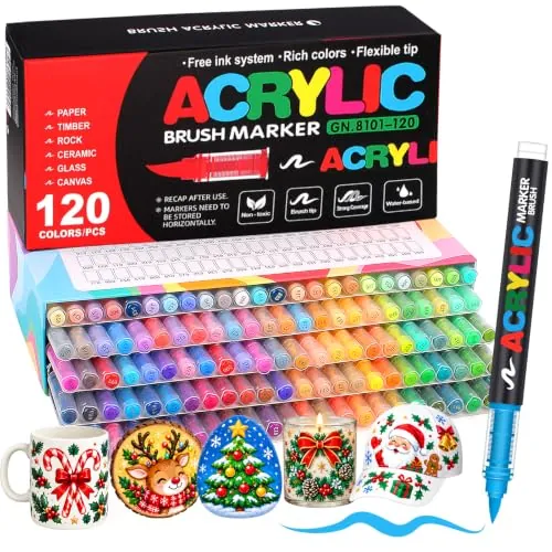 Melifluo 120 Rotuladores Acrílicos Punta Pincel - Marcadores Permanentes para Piedras, Tela, Vidrio, Madera, Cerámica, Lienzo y Papel - Pintura Acrílica de Secado Rápido para Lettering y Manualidades