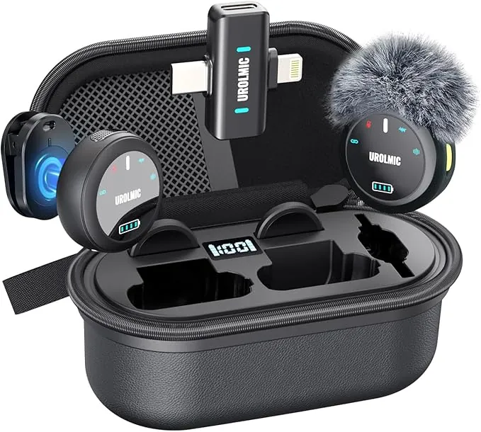 Micrófono Inalámbrico 2 en 1 para iPhone y Android, 40h Batería, 55m Alcance, Cancelación de Ruido, Micrófono de Solapa con Imán para Grabación