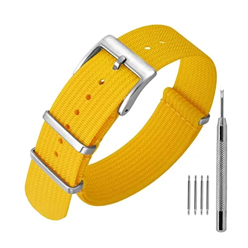 ANNEFIT Correas de Reloj de Nailon con Hebilla Plateada de Acero Inoxidable, Bandas Deportivas de Repuesto 22mm (Amarillo)