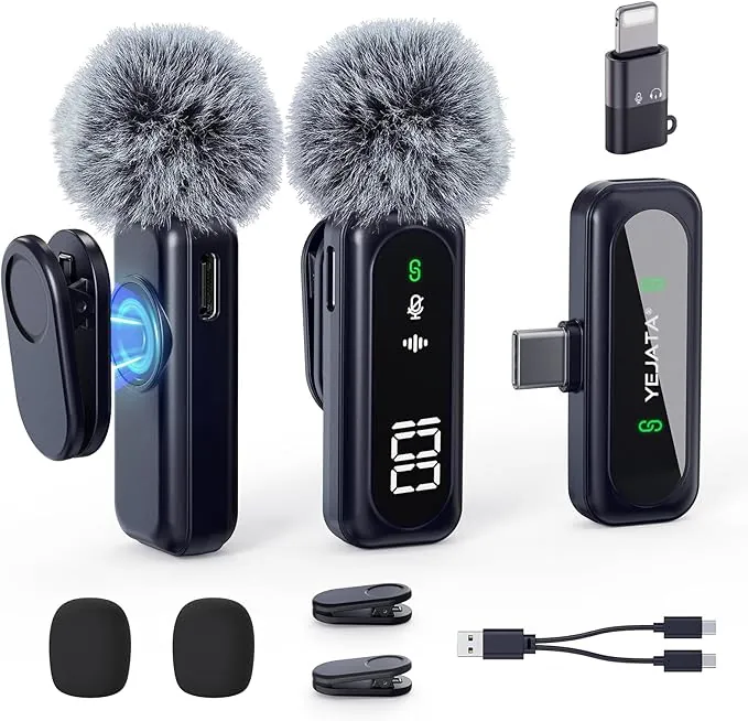 Micrófono inalámbrico con pantalla digital de batería, cancelación de ruido omnidireccional de 360°, alcance de 30 m, pinza giratoria, para iPhone 15/16, Android, PC, iPad y tableta