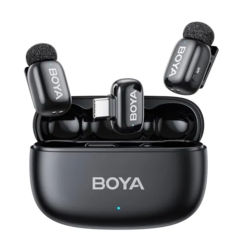 BOYA Mini 2 Microfono Inalambrico (2TX+1 USB-C RX) para iPhone 15/16/17, Microfono Movil Android, 48 kHz/24 bit, 5g Ultraligero, Cancelación de Ruido, 30h, Micrófono Solapa para Streaming, Vlogging