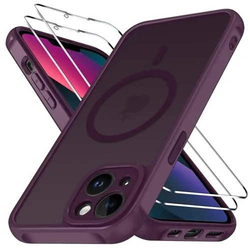 ivoler Funda Magnética para iPhone 13 con 2 Piezas Cristal Templado, Compatible con MagSafe, [Protección Militar] Protectora Antiarañazos Translúcida Mate Silicona Case, Rojo Vino
